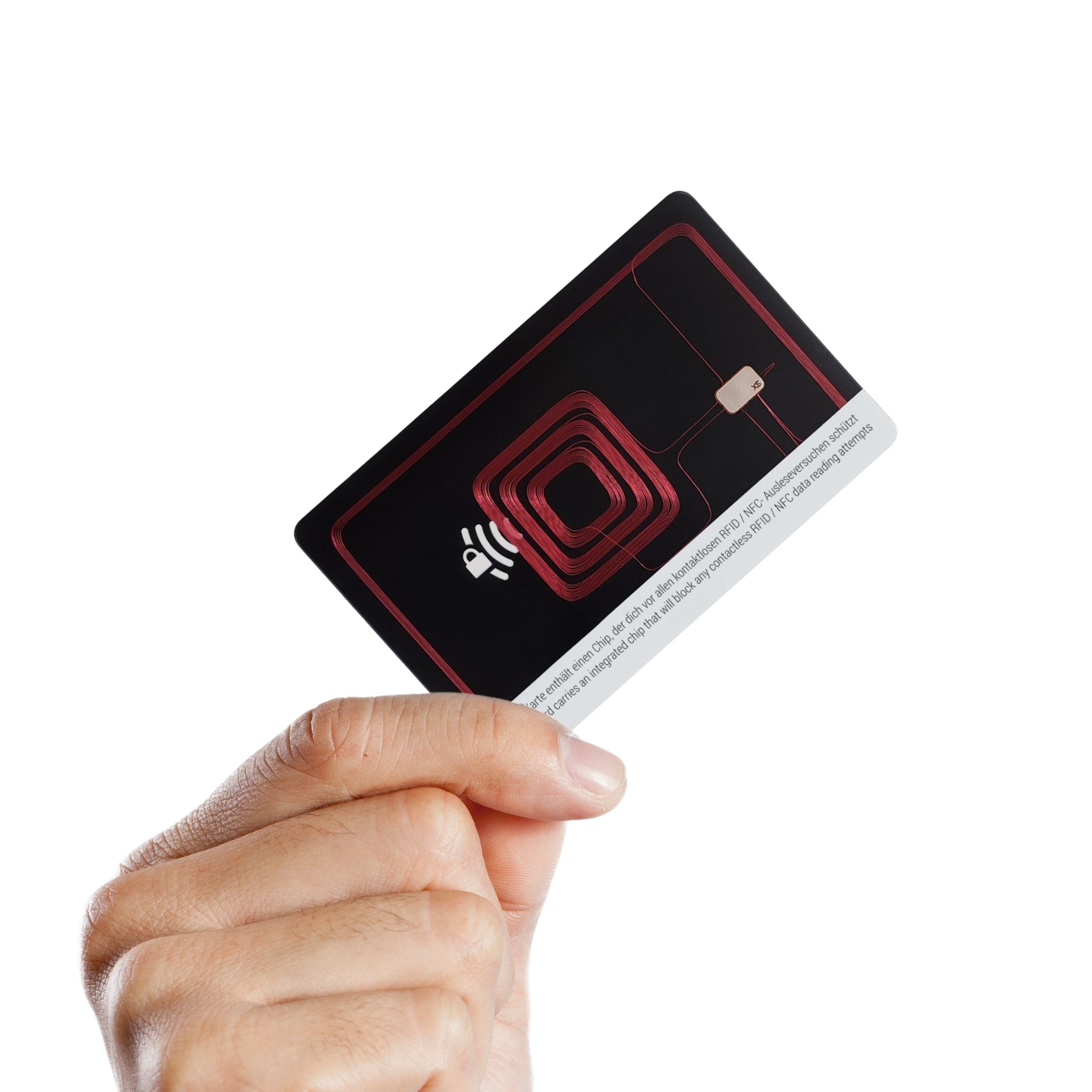 RFID Schutzkarte gehalten in einer Hand. Ganze Elektronik sichtbar. Aktiv Schutzkarte die Störsignale sendet.