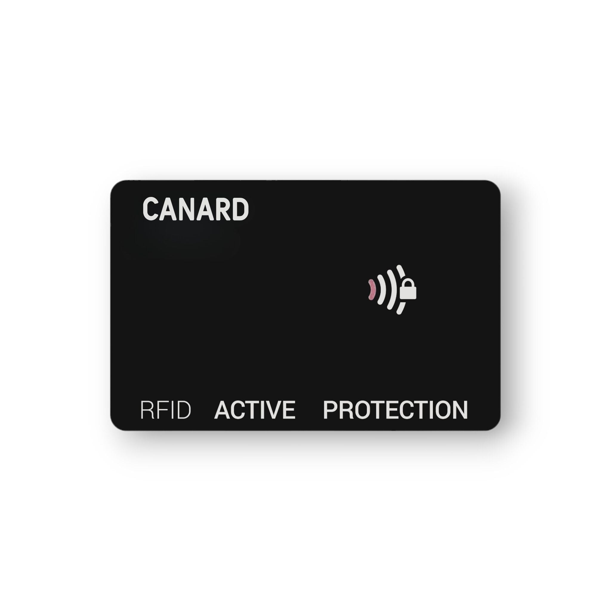 Eine transparente RFID-Schutzkarte mit integriertem aktiven Chip, abgebildet vor einem weißen Hintergrund, im Kreditkartenformat von CANARD Essentials